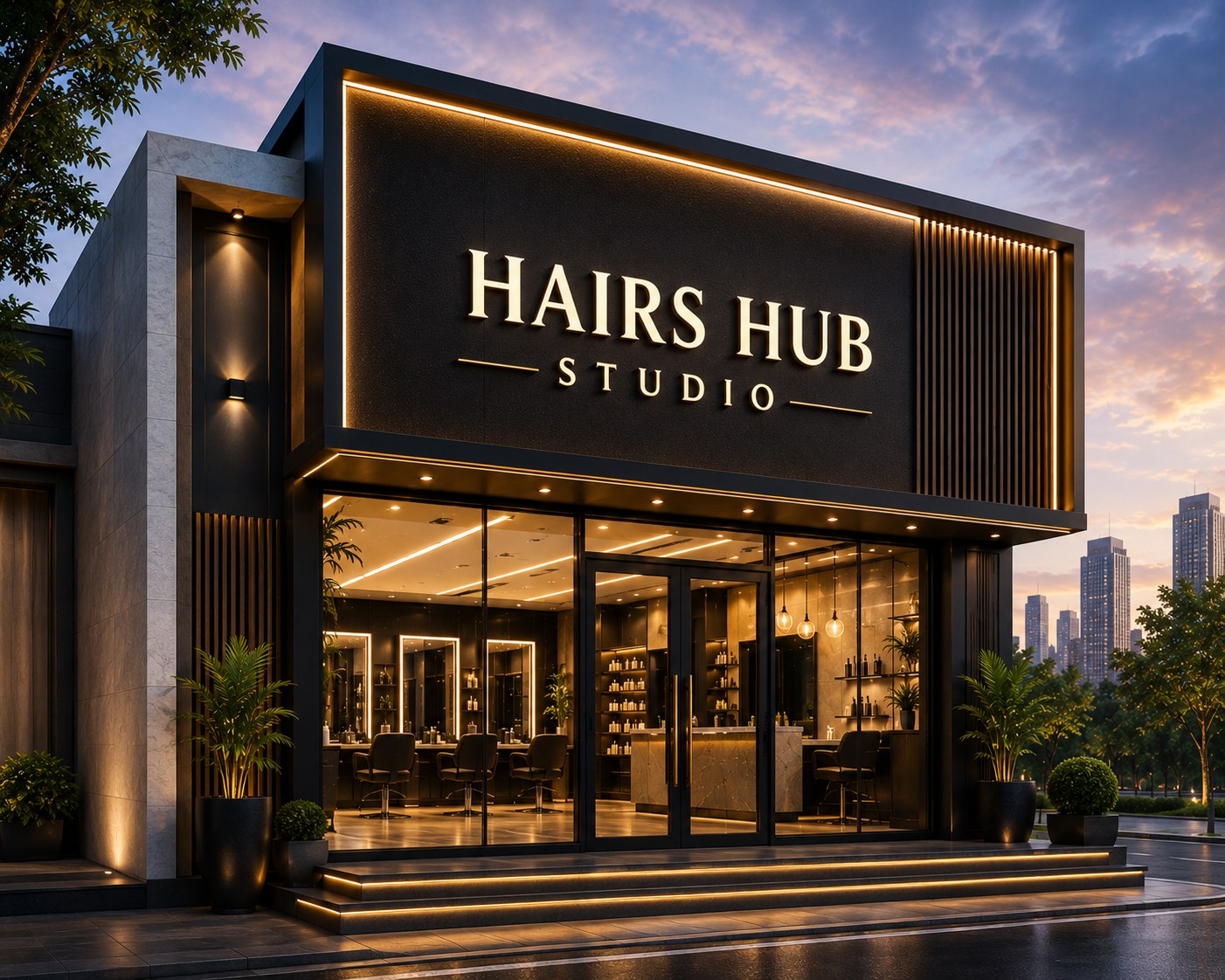 Hairs Hub Studio storefront exterior at dusk